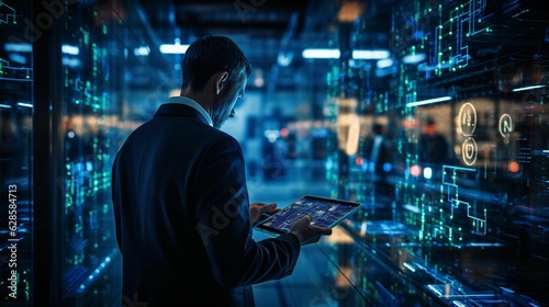 Man in a black suit looking at the tablet screen with charts in a tech environment. AI-generated.