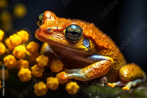 AI generated illustration of a small frog with large, bright eyes on a thin tree branch