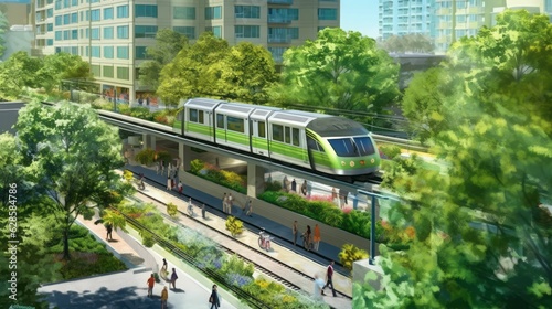 AI generated illustration of a modern passenger train travelling along its tracks