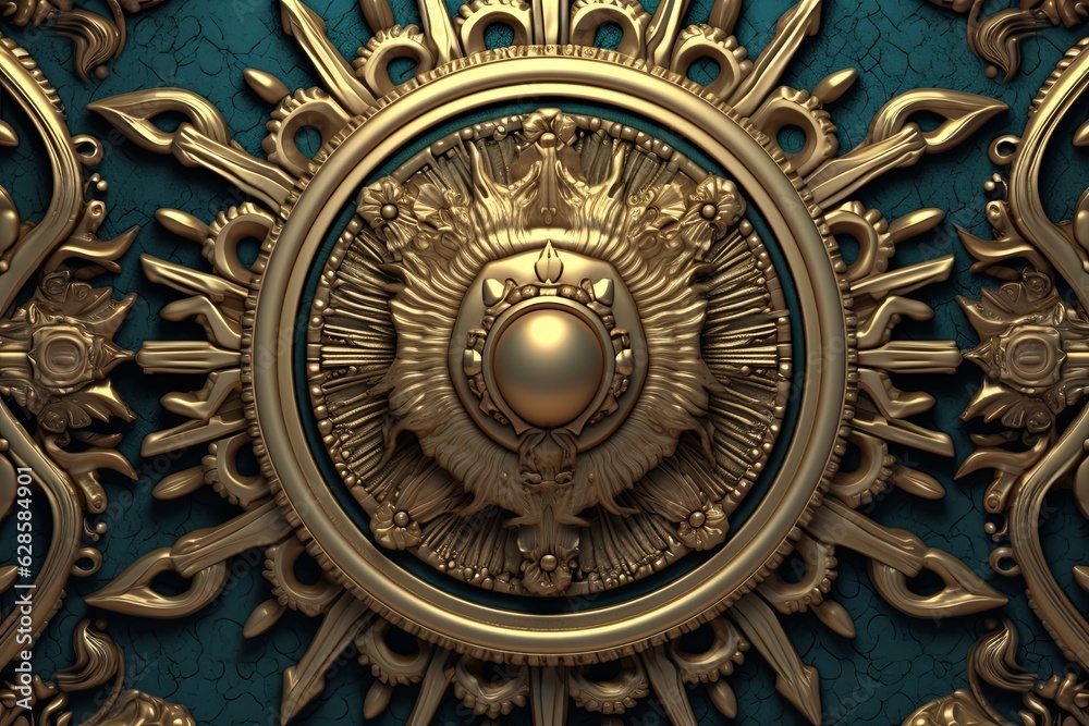 3d rendering of an ornate gold medallion on a blue background