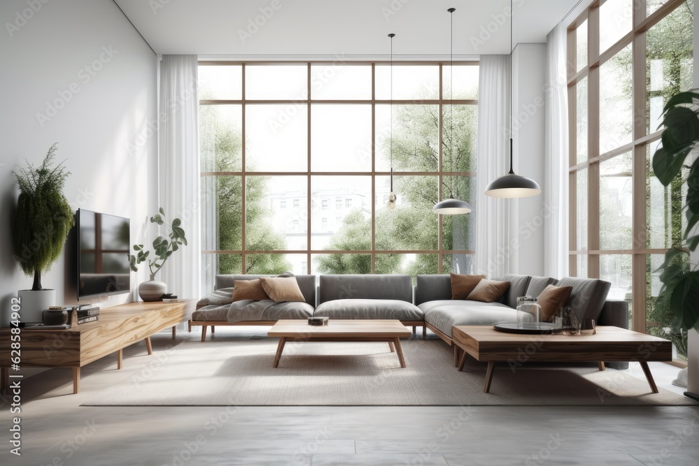Front view of a living room with numerous windows, two seats, a coffee table, and a long gray sofa. Generative AI