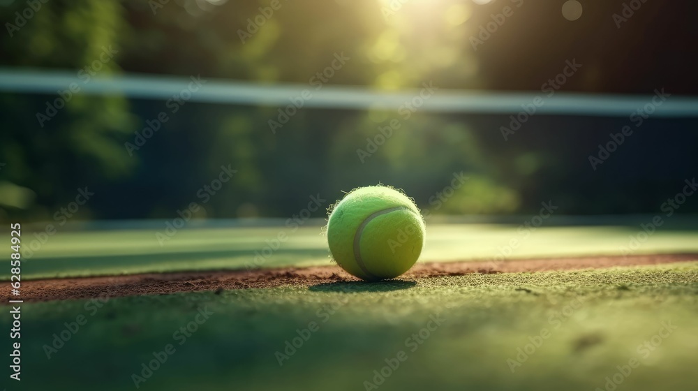 AI generated illustration of a pristine tennis court with a yellow tennis ball about to be served