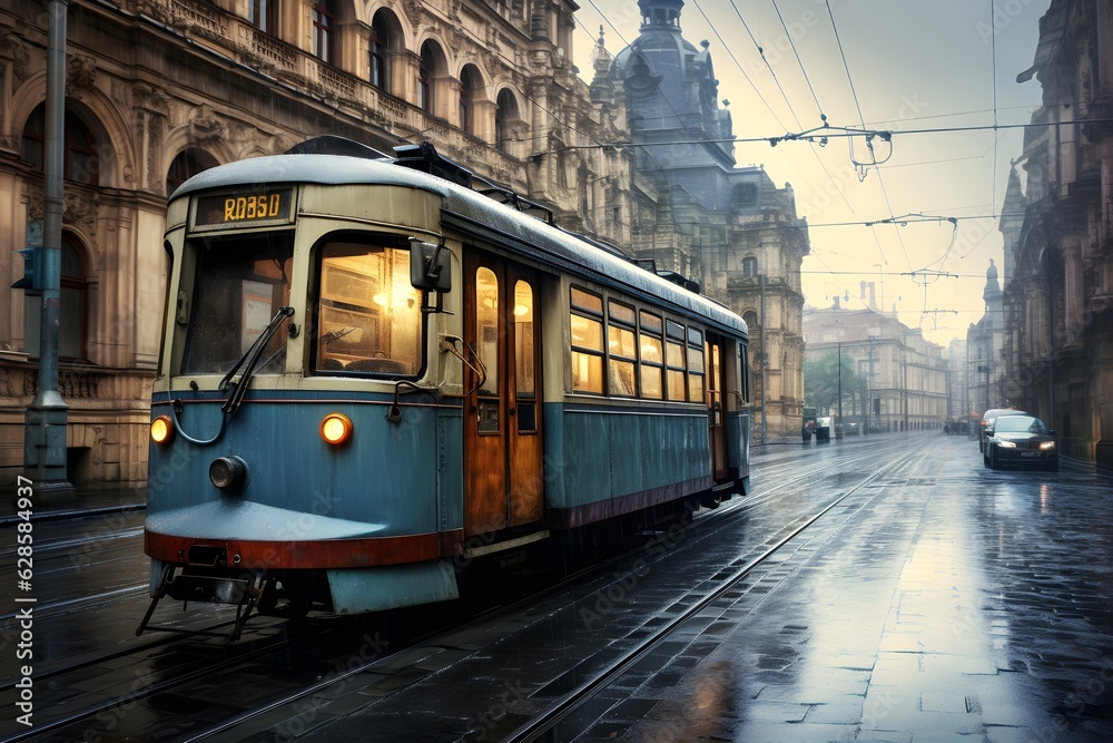 Vintage tram running in a historic city, combining public transport with the charm and heritage of old-world urban landscapes
