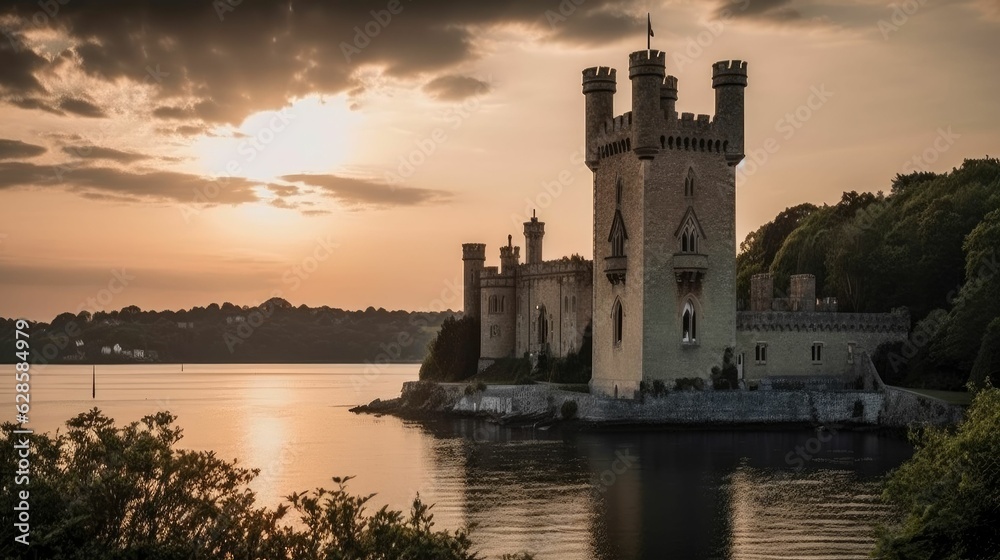 AI generated illustration of an ancient castle on the edge of a tranquil lake, illuminated by sunset