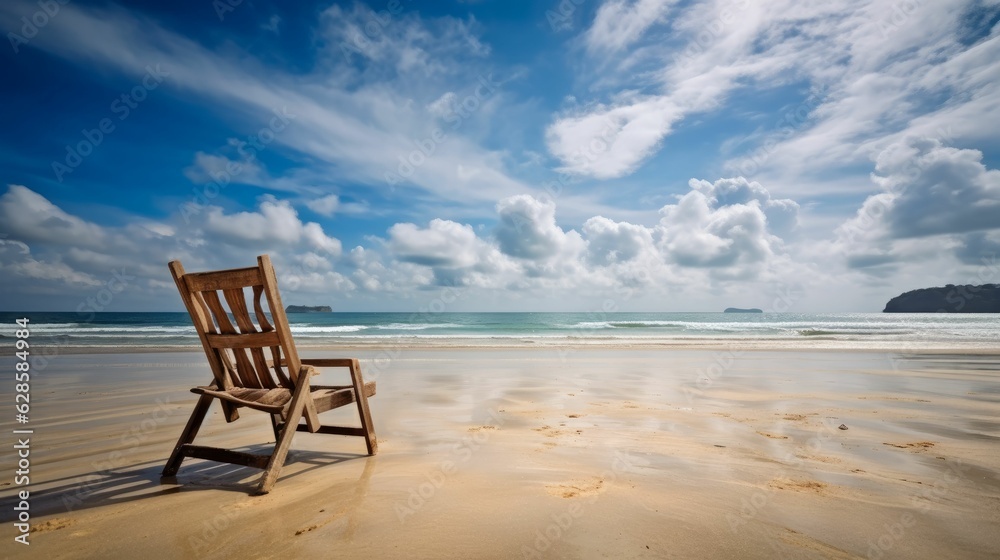 AI generated illustration of a white beach chair on a sandy beach in front of the ocean