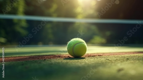 AI generated illustration of a pristine tennis court with a yellow tennis ball about to be served