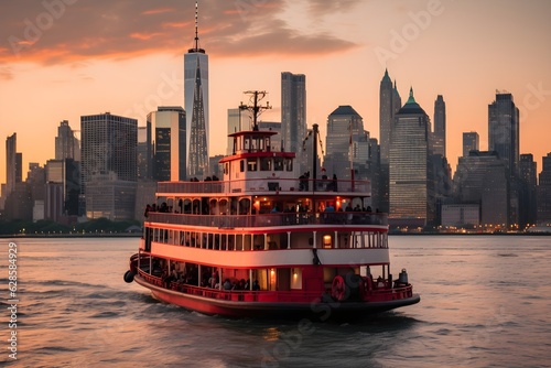 A ferry boat smoothly navigating the waterways with the city's impressive skyline in the backdrop, representing the allure of waterfront public transportation