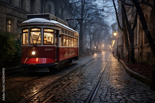 An old tramway gracefully moving down a charming cobblestone street, reflecting the historical elements of public transportation photo