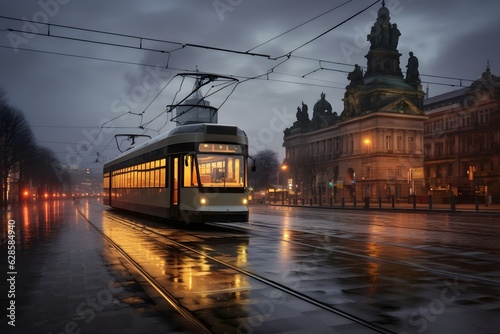 An iconic tram passing by a popular city monument, offering a glimpse into the vibrant local culture and public transportation dynamics