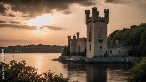 AI generated illustration of an ancient castle on the edge of a tranquil lake  illuminated by sunset