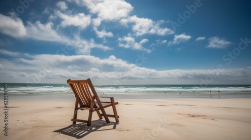 AI generated illustration of a white beach chair on a sandy beach in front of the ocean