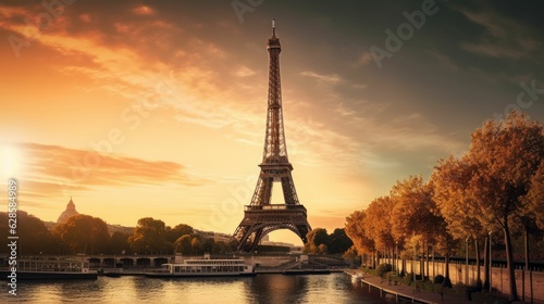 AI generated illustration of the iconic Eiffel Tower illuminated by the setting sun