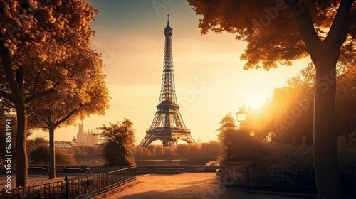 AI generated illustration of the iconic Eiffel Tower illuminated by the setting sun © Palmtura/Wirestock Creators