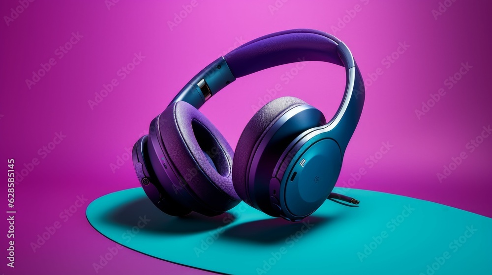 AI generated illustration of a pair of headphones resting atop a blue and pink surface