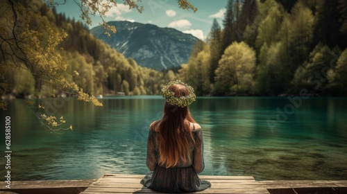 AI-generated illustration of a woman sitting on a pier and gazing out at the vibrant green water. © Palmtura/Wirestock Creators