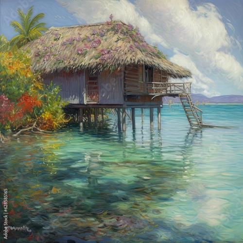 AI-generated illustration of a small tropical hut on the shore of a vast ocean. Oil painting style.