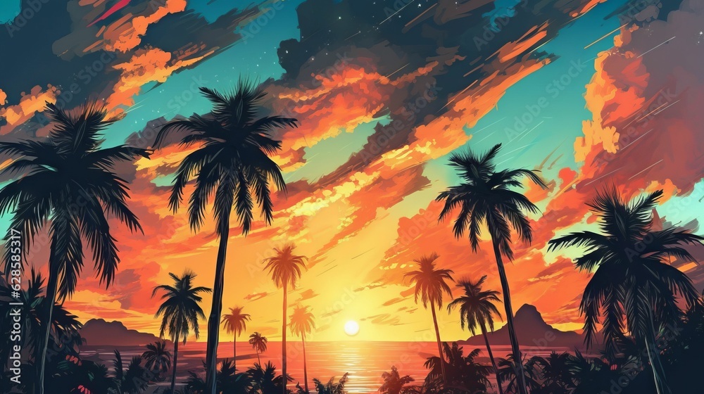 Idyllic beach scene with tropical palm trees silhouetted against a vivid sunset, AI-generated.