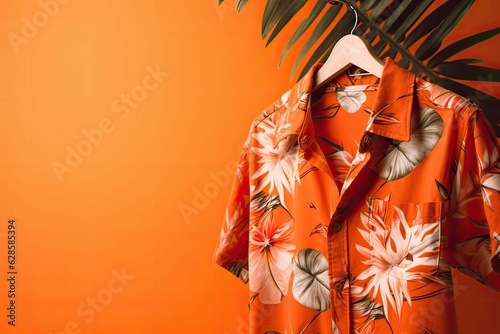 AI generated illustration of a tropical shirt on a vibrant orange background with fern branches