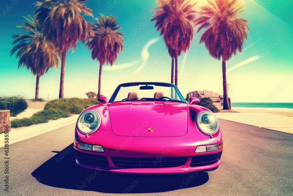 AI generated illustration of a classic pink sports car traveling on a winding coastal road
