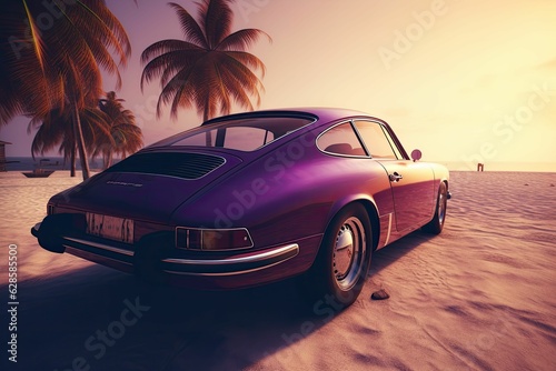 AI generated illustration of an elegant purple vehicle parked in the sand near tropical palm trees © Andrey Pakhomov1/Wirestock Creators