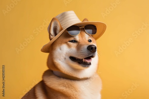 AI generated illustration of a Shiba Inu dog wearing a hat and sunglasses on a yellow background © Andrey Pakhomov1/Wirestock Creators