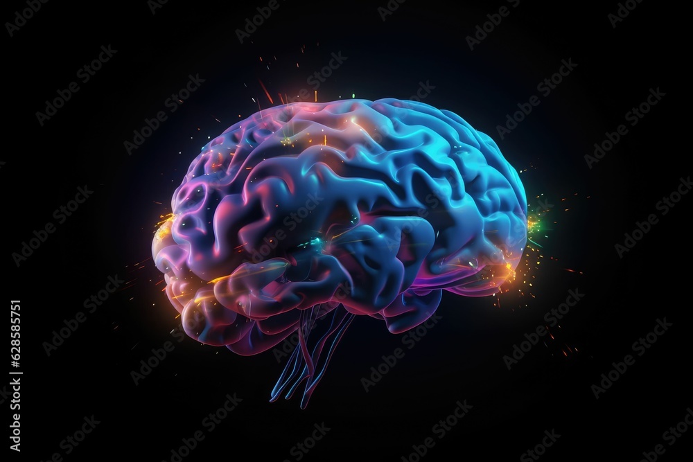 AI generated illustration of a brain illuminated in a dark with colorful sparkles radiating from it AI generated illustration of a brain illuminated in a dark with colorful sparkles radiating from it