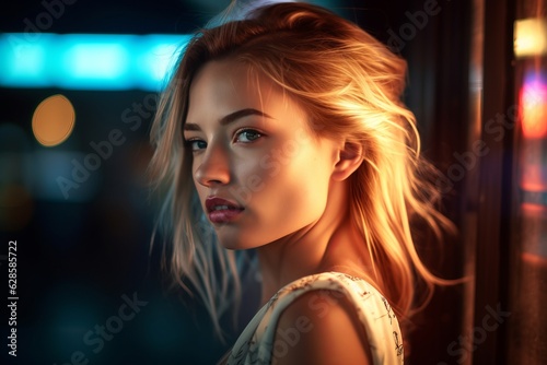 a beautiful blonde woman in a city at night