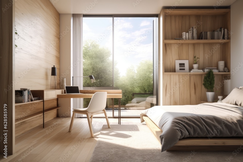 Interior of a bedroom and a home office. Desk is situated close to the master bed. large window with a view. The idea of working from home. a mockup. Generative AI