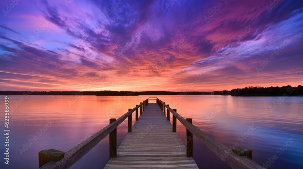 AI generated illustration of a dock against the backdrop of a beautiful sunset over the water