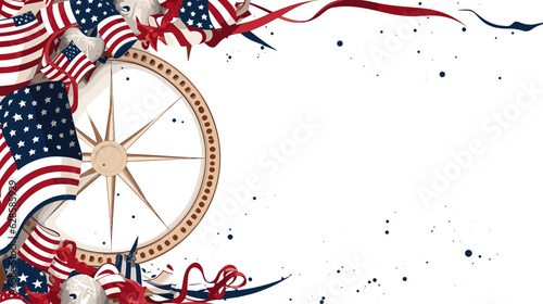 AI generated. Columbus Day, poster, background. Flat lay composition with United states decorations and ribbon on white background. symbol