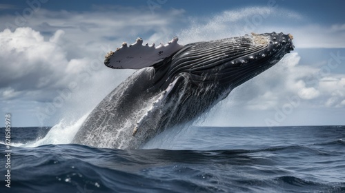 AI generated illustration of a majestic humpback whale breaching the ocean's surface on a cloudy day © Diego González Polo/Wirestock Creators