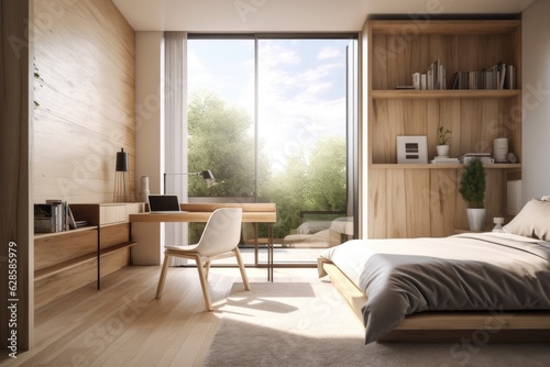 Interior of a bedroom and a home office. Desk is situated close to the master bed. large window with a view. The idea of working from home. a mockup. Generative AI
