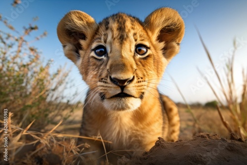 Tela AI generated illustration of a cute lion cub standing on its hind legs