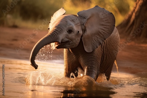 AI generated illustration of an adorable baby elephant walking across a tranquil body of water
