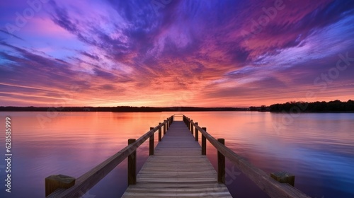 AI generated illustration of a dock against the backdrop of a beautiful sunset over the water