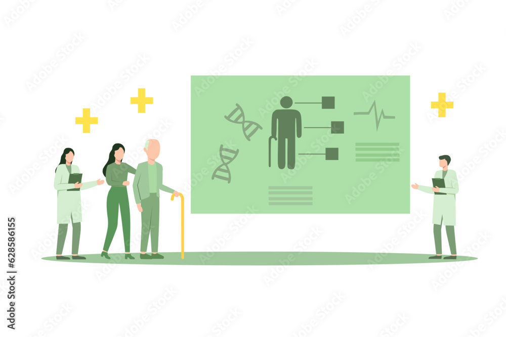 Fototapeta premium Vector Illustration about Professional medical team examining senior patients using medical apps on a digital tablet, they are checking their medical records and health