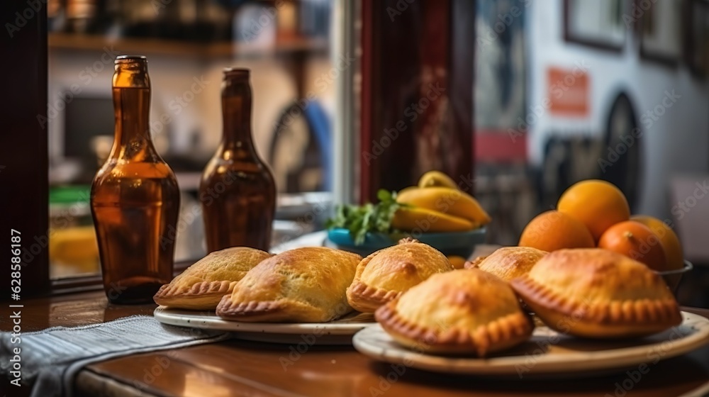 AI generated illustration of a warm plate of freshly-baked empanadas on classic wooden dinner table