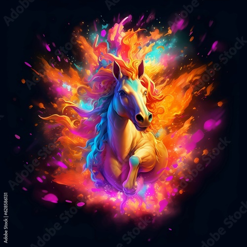AI generated illustration of a horse illuminated by a vibrant array of colorful dust particles