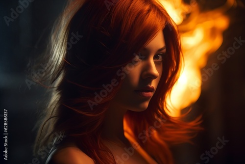 a beautiful red haired woman with flames coming out of her hair