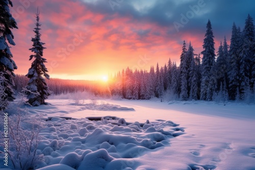 a beautiful sunset over a snowy forest
