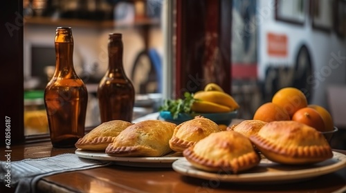 AI generated illustration of a warm plate of freshly-baked empanadas on classic wooden dinner table