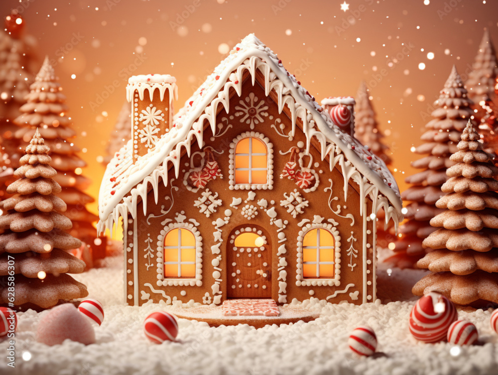 Gingerbread house background. Homemade Christmas Gingerbread House on table over blurred colored background. Christmas background with boken lights. Happy new year and happy winter holidays concept