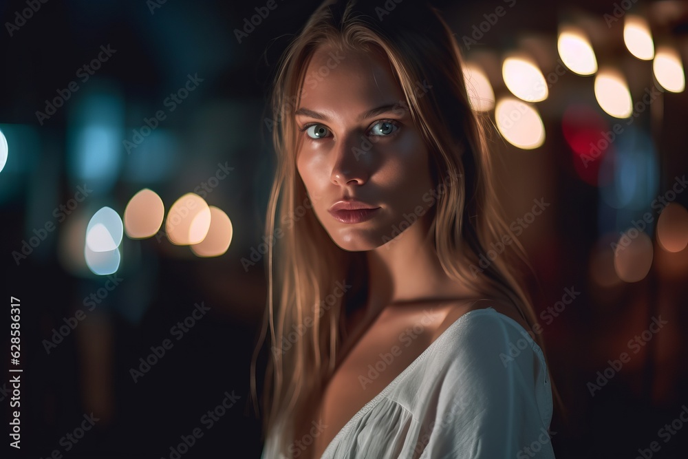 a beautiful woman in a white top standing in front of lights a beautiful woman in a white top standing in front of lights