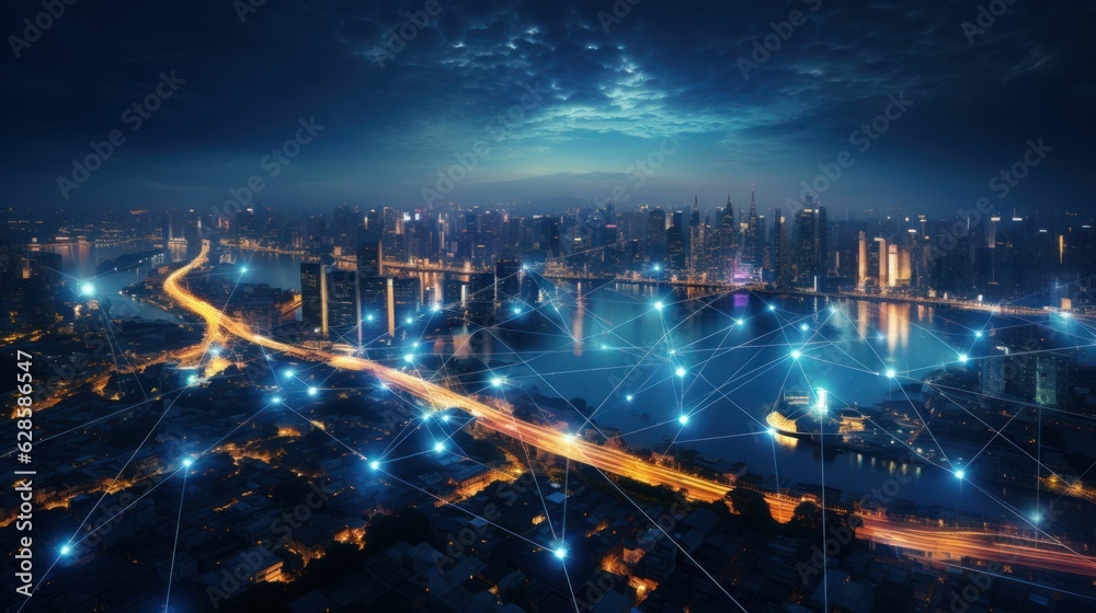 AI generated illustration of a futuristic cityscape illuminated by bright beams of light