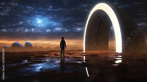 AI generated illustration of a person standing in front of a doorway, illuminated by a bright light photo
