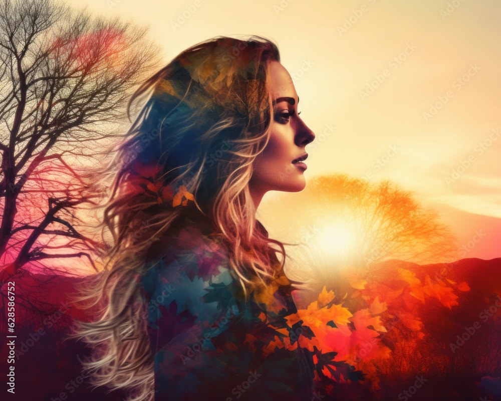 a beautiful woman with long hair is in front of a sunset with trees in the background