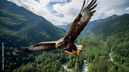 Photographie Majestic eagle soaring high in the sky above a lush green valley filled with trees