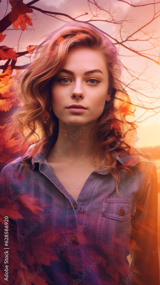 a beautiful woman with red hair standing in front of autumn leaves a beautiful woman with red hair standing in front of autumn leaves