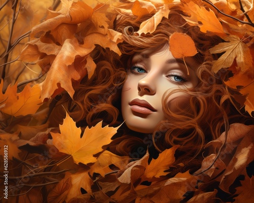 a beautiful woman with red hair surrounded by autumn leaves