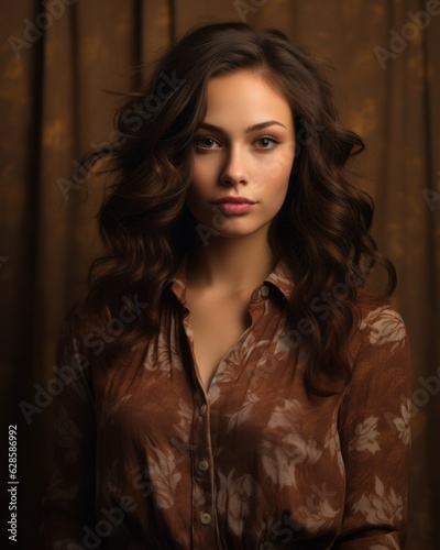 a beautiful young woman in a brown shirt posing for the camera